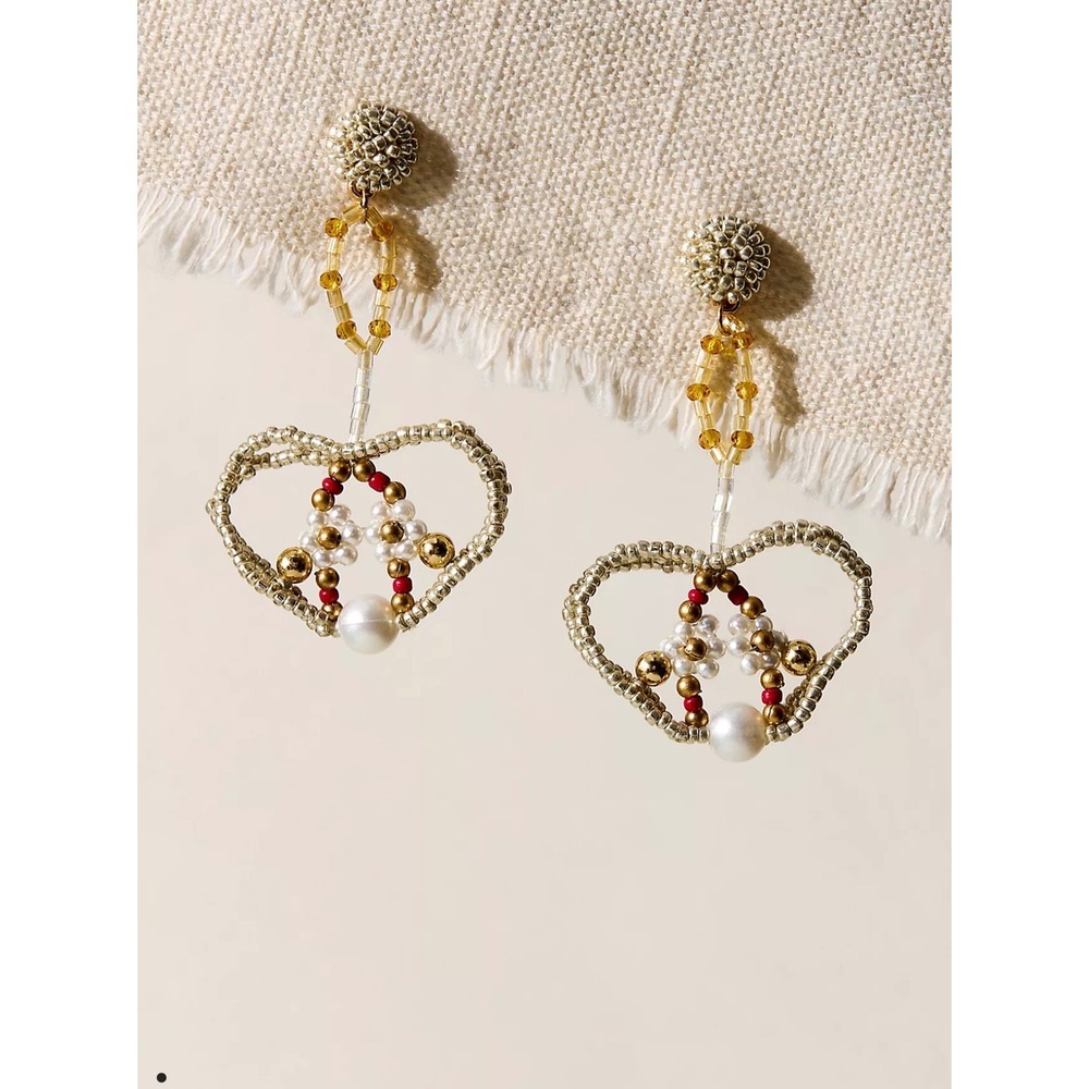 Free People Beaded Heart Drop Earrings Gold Silver Red Pearl Boho Dangle NWT